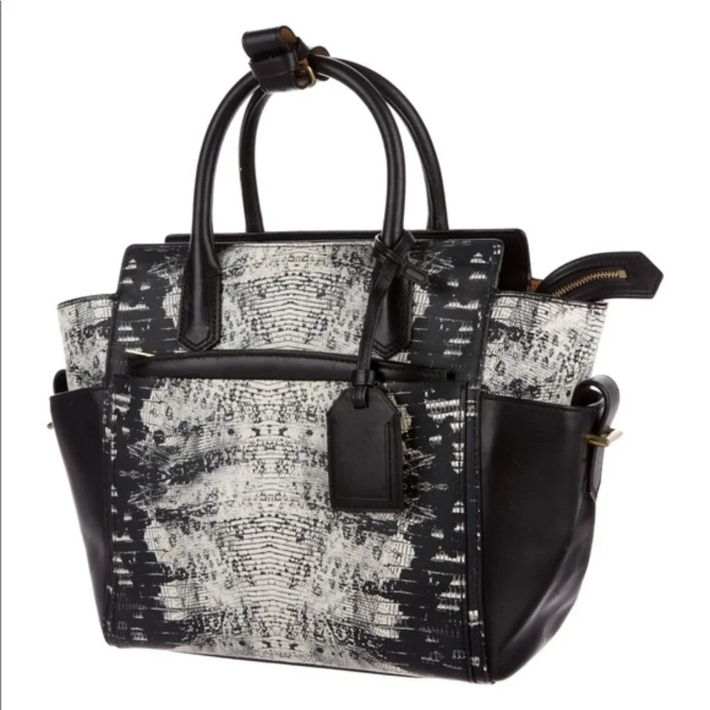 NEW W/ TAGS Reed Krakoff Mini Atlantique Leather Satchel Bag, Black White Lizard